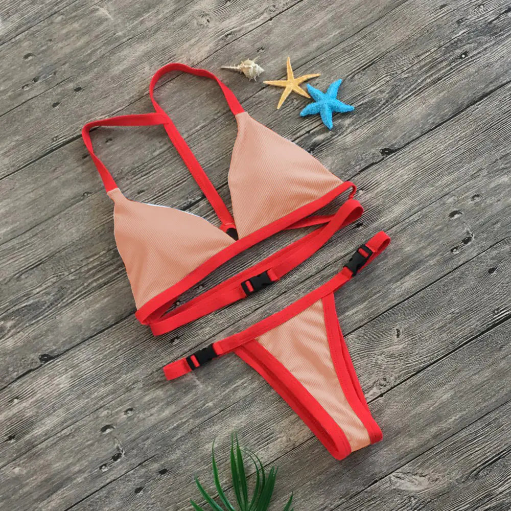 Solid Color Bikini Set with Buckle Swimwear