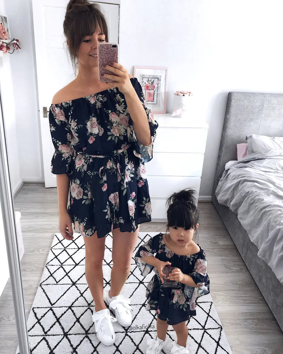 Digital Print Matching Family Dresses with Belt