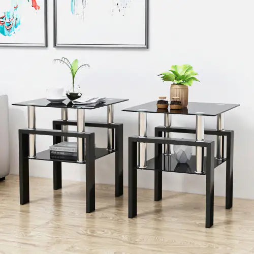 Juego de 2, mesa de té, mesa de centro, mesa auxiliar de cristal templado moderno, mesa cuadrada para sala de estar, negro