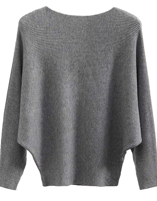 Cargar imagen en el visor de la galería, Suéteres y pulóveres de punto con cuello barco y mangas murciélago Dolman GOLDSTITCH para mujer, gris
