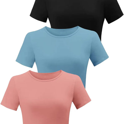 Yeawinta 3 Pack Crop Tops for Women Workout T Shirts Cropped Fitted Tshirts Cotton Short Sleeve Tees Basic Cute Crewneck Yoga Top Gym Clothes Black/Blue/Croal L