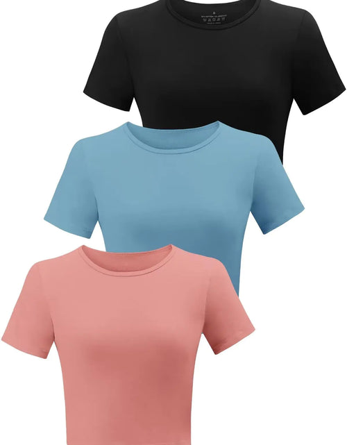 Load image into Gallery viewer, Yeawinta 3 Pack Crop Tops for Women Workout T Shirts Cropped Fitted Tshirts Cotton Short Sleeve Tees Basic Cute Crewneck Yoga Top Gym Clothes Black/Blue/Croal L
