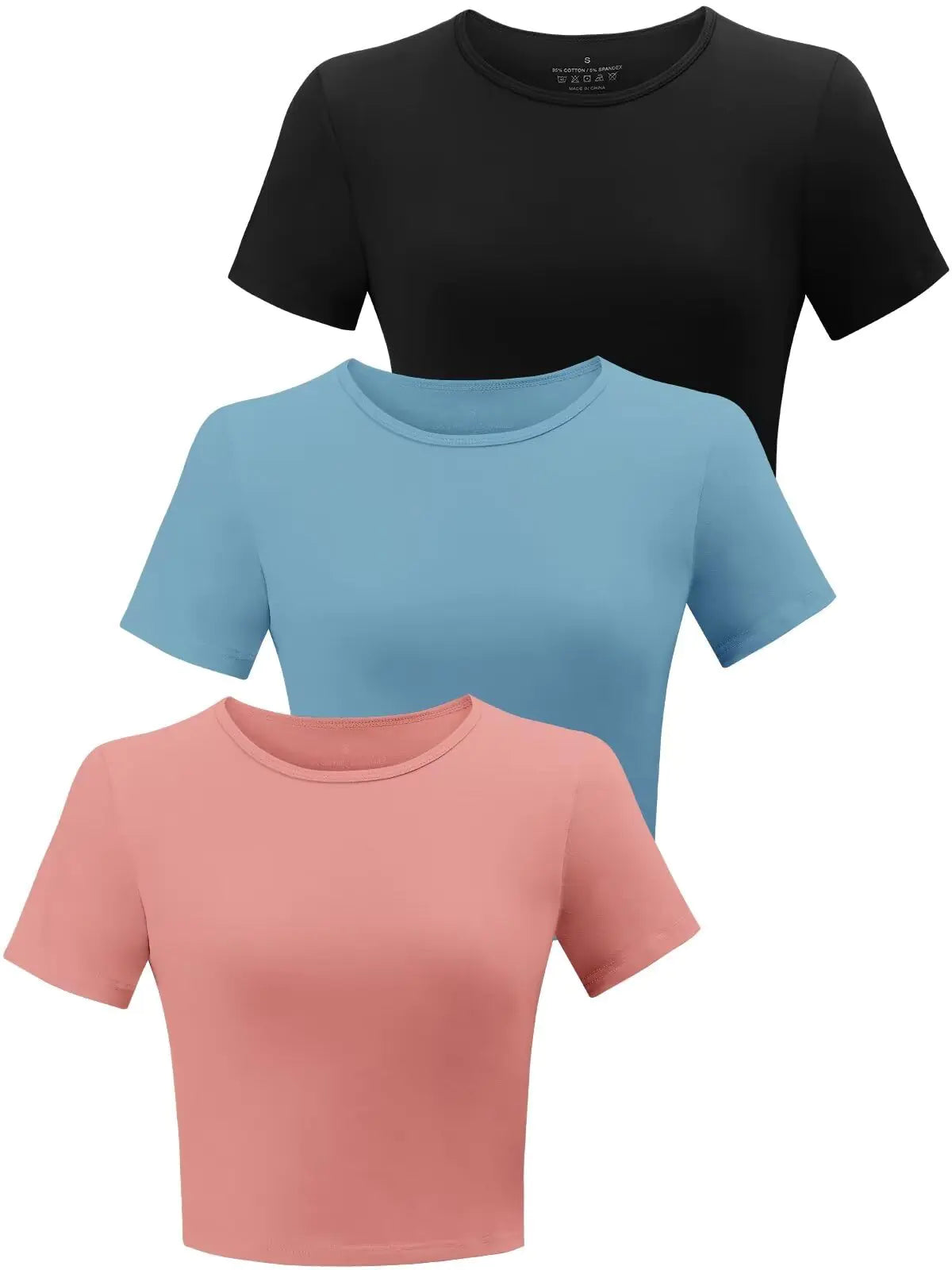 Yeawinta 3 Pack Crop Tops for Women Workout T Shirts Cropped Fitted Tshirts Cotton Short Sleeve Tees Basic Cute Crewneck Yoga Top Gym Clothes Black/Blue/Croal L