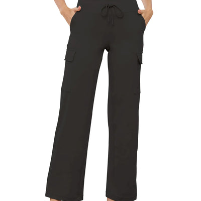 Wide Leg Cargo Yoga Pants for Women Stretchy Pull On Drawstring Yoga Pants Woman Gym Casual Lounge Workout with 4 Pockets Slacks 29" Black S