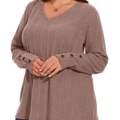 MONNURO Womens Plus Size Tops V Neck Long Sleeve Button Lightweight Tunic Sweaters Shirts Loose Fit(Khaki1X)