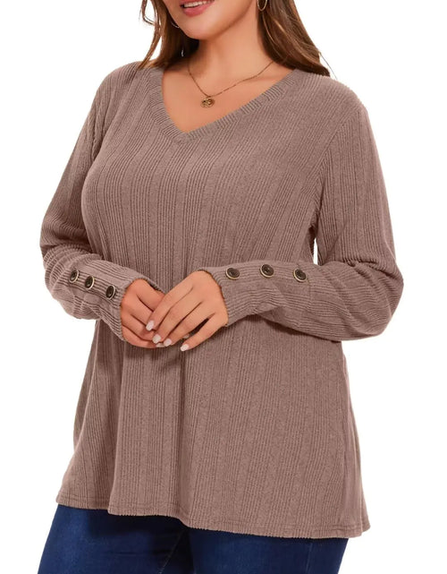 Load image into Gallery viewer, MONNURO Womens Plus Size Tops V Neck Long Sleeve Button Lightweight Tunic Sweaters Shirts Loose Fit(Khaki1X)
