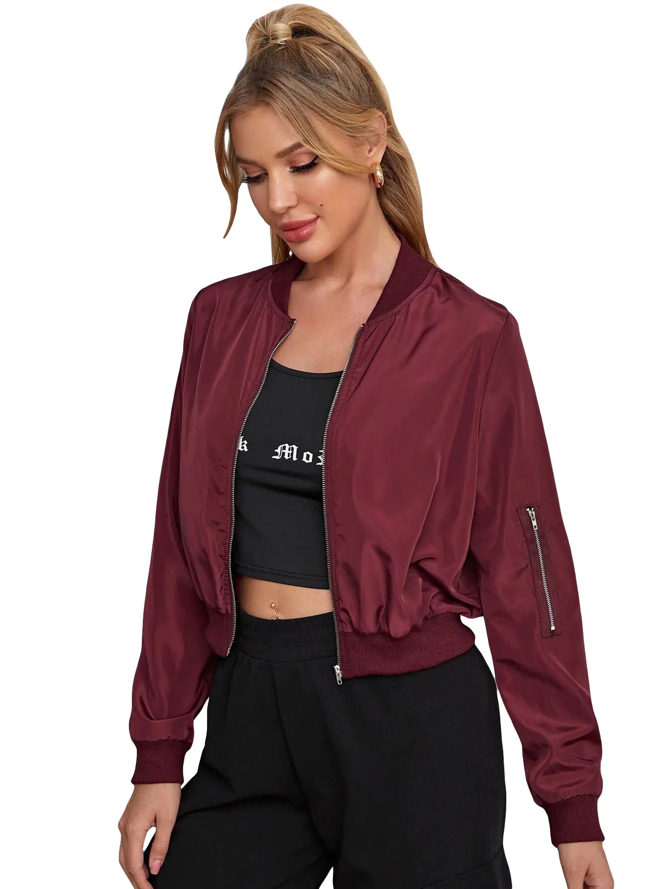OYOANGLE Womens Lightweight Bomber Biker Jacket Zip up Windbreaker Crop Bomber Jacket Coat Maroon XL