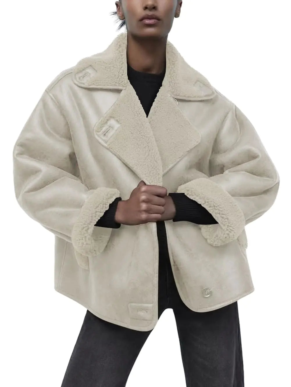 chouyatou Womens Winter Sherpa Lined Faux Leather Jacket Casual Motorcycle Oversized Leather Jacket (Large Beige)