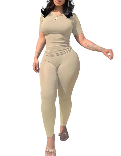 Load image into Gallery viewer, Nimsruc Two Piece Outfits For Women Summer Casual Short Sleeve Jogging Suits Bodycon Tracksuit Comfy Sweatsuits Pants Sets Matching Clothing Apricot M
