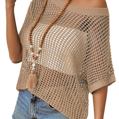 Zeagoo Summer Sweaters for Women Lightweight Crochet Tops Off The Shoulder Knitted Sweater Top Khaki