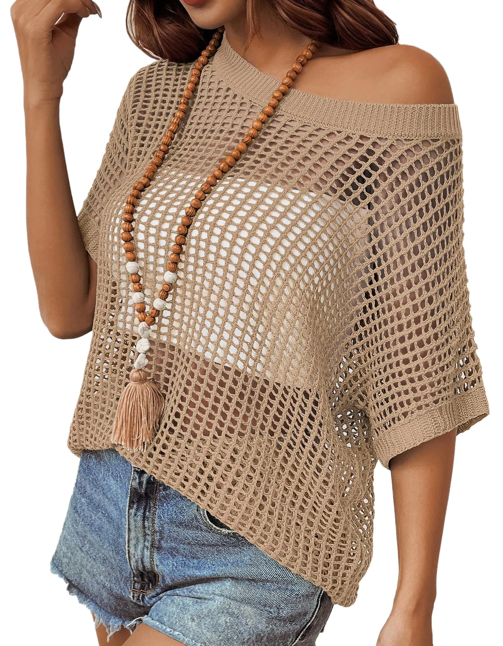 Zeagoo Summer Sweaters for Women Lightweight Crochet Tops Off The Shoulder Knitted Sweater Top Khaki