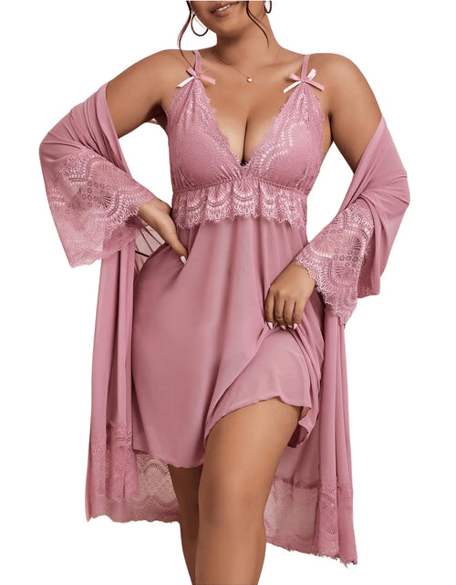 Load image into Gallery viewer, GORGLITTER Womens Plus 2 Piece Robe Pajamas Set Lace Cami Nightgown and Robes Nightwear Dusty Pink 4X-Large
