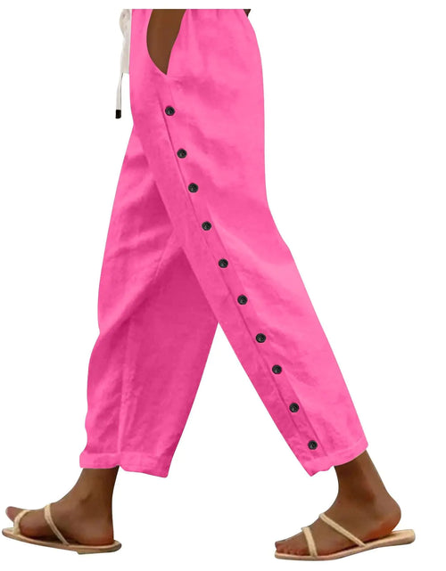 Load image into Gallery viewer, Striped Linen Pants Women Summer Casual Side Button Drawstring Pants Lightweight Loose Boho Beach Pants Comfy Work Pants Women High Waisted Pants Linen Pants Women Summer Ankle Pants Crop Pants
