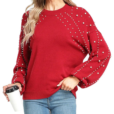 MISS MOLY Womens Chunky Sweaters Oversized Lantern Sleeve Crewneck Knitted Christmas Pullover Sweater with Pearls Red M