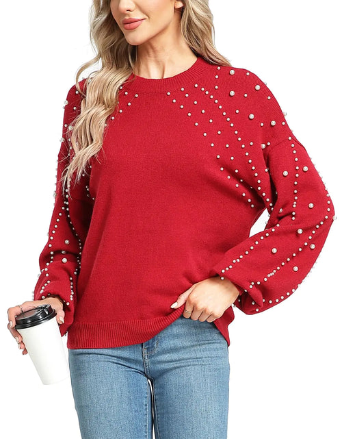 Load image into Gallery viewer, MISS MOLY Womens Chunky Sweaters Oversized Lantern Sleeve Crewneck Knitted Christmas Pullover Sweater with Pearls Red M
