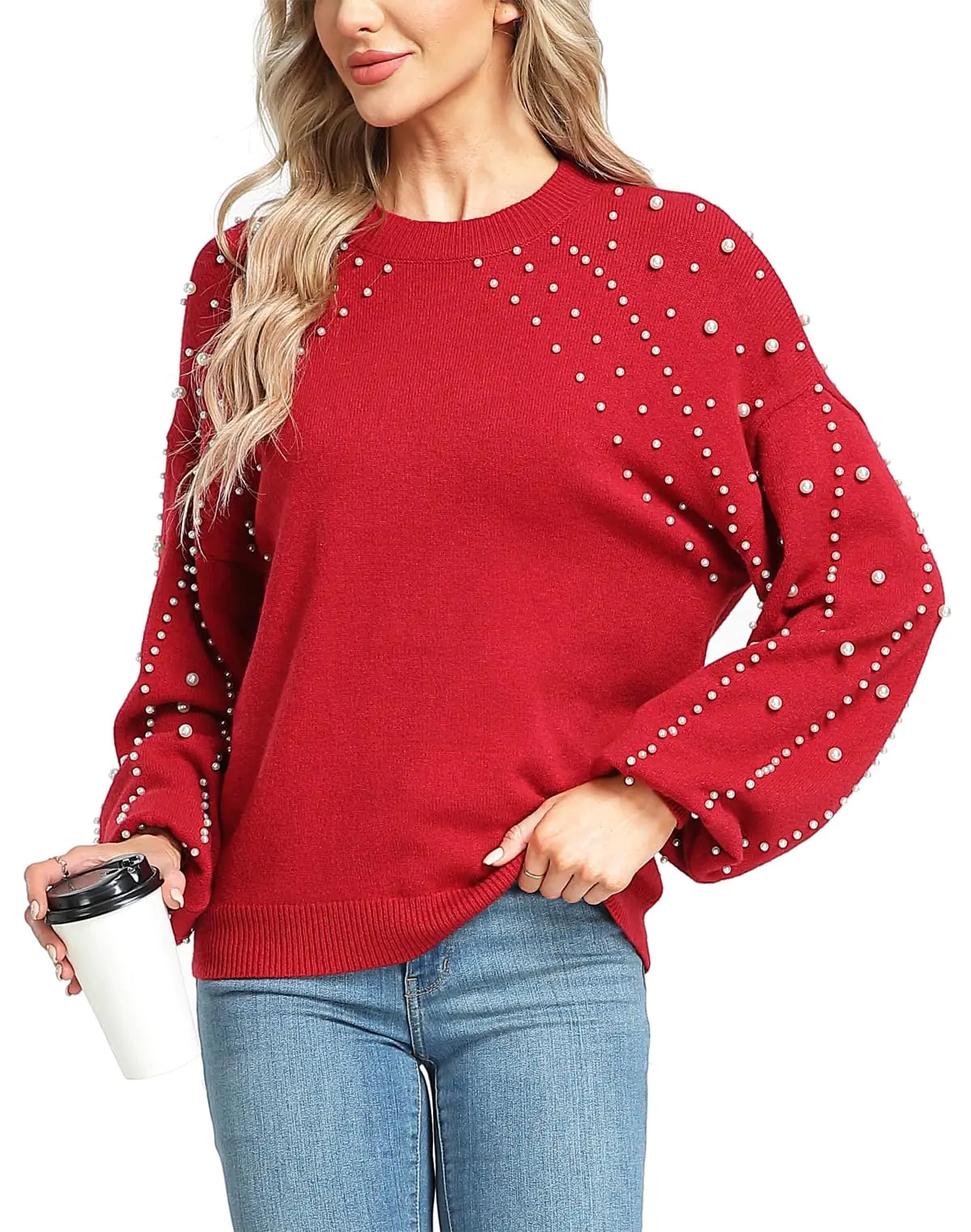 MISS MOLY Womens Chunky Sweaters Oversized Lantern Sleeve Crewneck Knitted Christmas Pullover Sweater with Pearls Red M