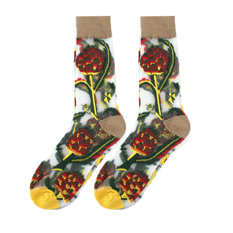Fashionable Thin Mid Tube Flower Forest Glass Stockings