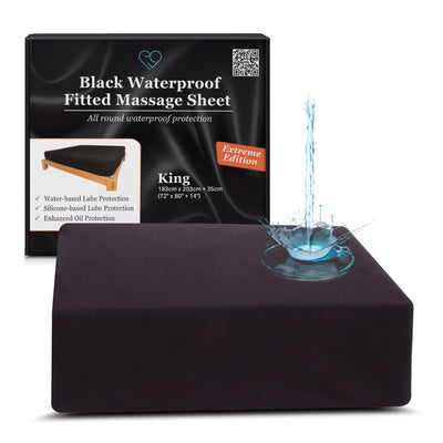 EROTICGEL Drap de massage ajusté Extreme Queen Noir 60″ x 80″ +14″ (183cm x 203cm +35cm) - Protège-matelas imperméable - Housse de matelas imperméable pour le massage - Sans danger pour les huiles et les lubrifiants à base d'eau et de silicone