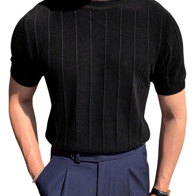 COZYEASE Mens Textured Ribbed Knit Short Sleeve Round Neck Tee Shirts Solid Casual Top Black M