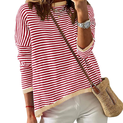 ZESICA Womens Spring Striped Sweaters Long Sleeve Crew Neck Shirts Color Block Lightweight Pullover TopsRedLarge