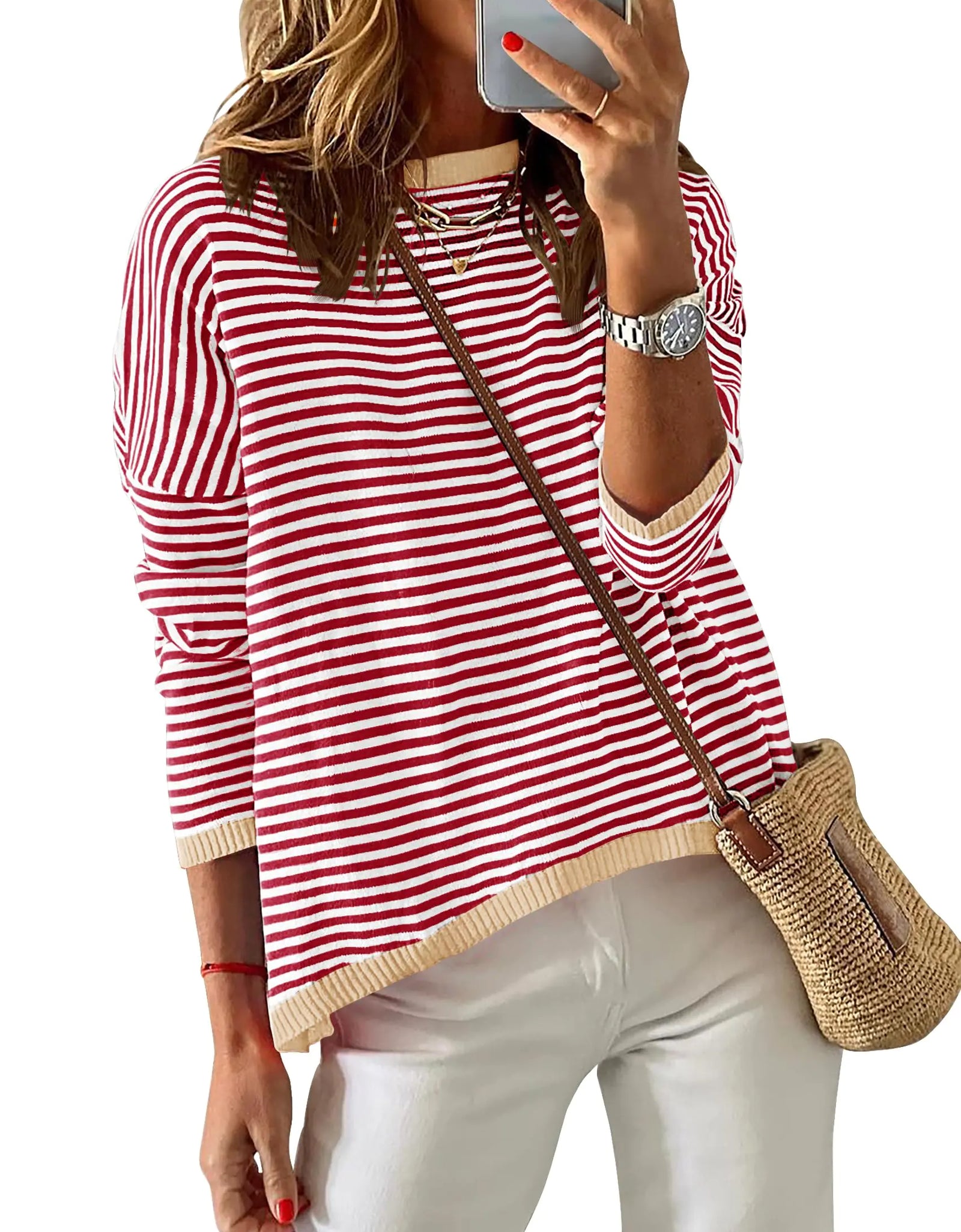 ZESICA Womens Spring Striped Sweaters Long Sleeve Crew Neck Shirts Color Block Lightweight Pullover TopsRedLarge