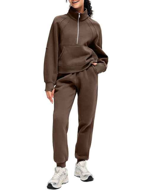 Load image into Gallery viewer, SANTINY Womens Sweatsuits 2 Piece Set Fleece Half Zip Sweatshirt Joggers Set Winter Warm Matching Sets Travel Lounge Set Dark Brown M
