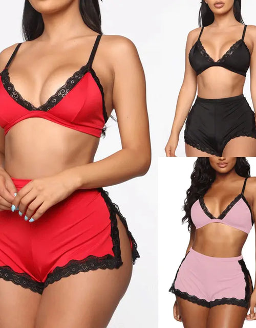 Charger l'image dans la visionneuse de galerie, Ensemble de Lingerie et Vêtements de Nuit en Dentelle à Col V Plongeant pour Femme

