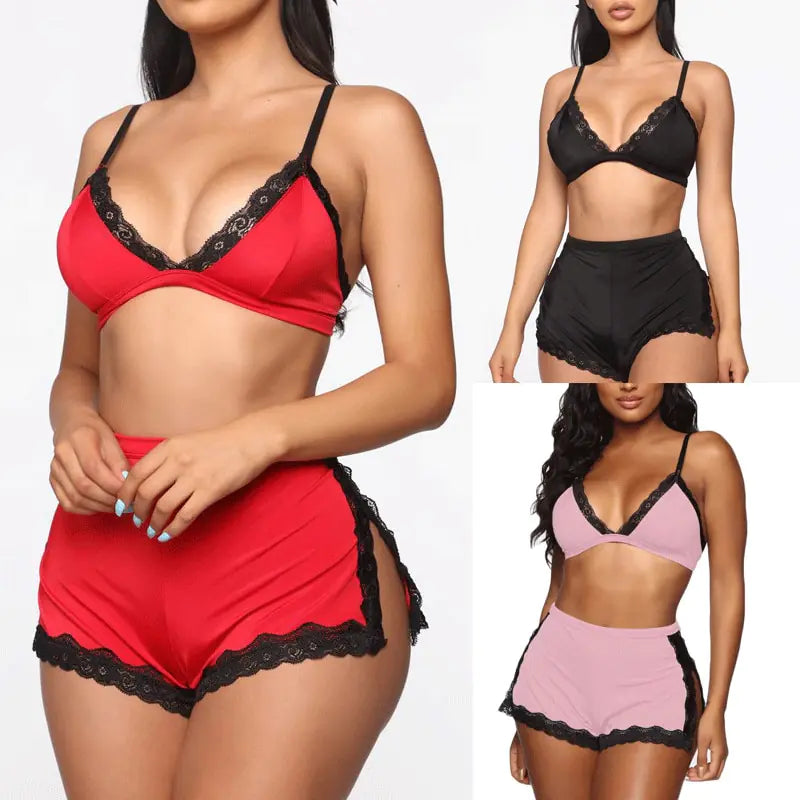 Ensemble de Lingerie et Vêtements de Nuit en Dentelle à Col V Plongeant pour Femme