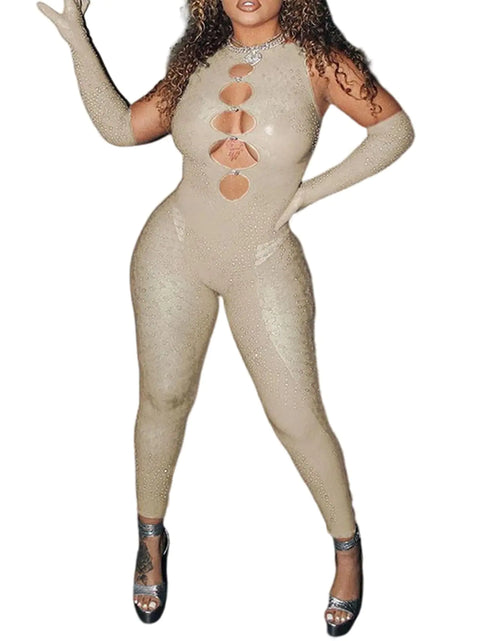 Load image into Gallery viewer, SUZONANA Sexy Jumpsuis Club Outfits for Women Black Bodycon Rompers Mesh Bodysuits Clubwear Birthday Off Shoulder Sleeveless Leopard Rhinestones Beige L
