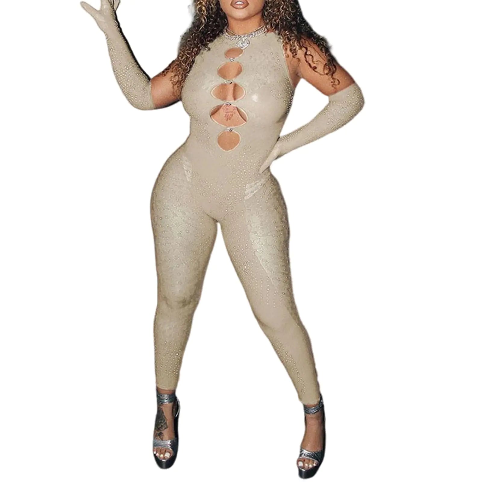 SUZONANA Sexy Jumpsuis Club Outfits for Women Black Bodycon Rompers Mesh Bodysuits Clubwear Birthday Off Shoulder Sleeveless Leopard Rhinestones Beige L