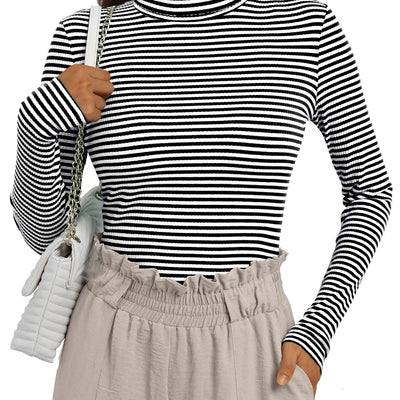 AUTOMET Blusas de manga larga para mujer, cuello alto, rayas, suéteres, estilo Y2K, ropa de moda de otoño 2024, negro