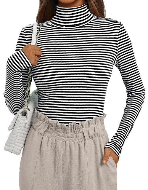 Cargar imagen en el visor de la galería, AUTOMET Blusas de manga larga para mujer, cuello alto, rayas, suéteres, estilo Y2K, ropa de moda de otoño 2024, negro
