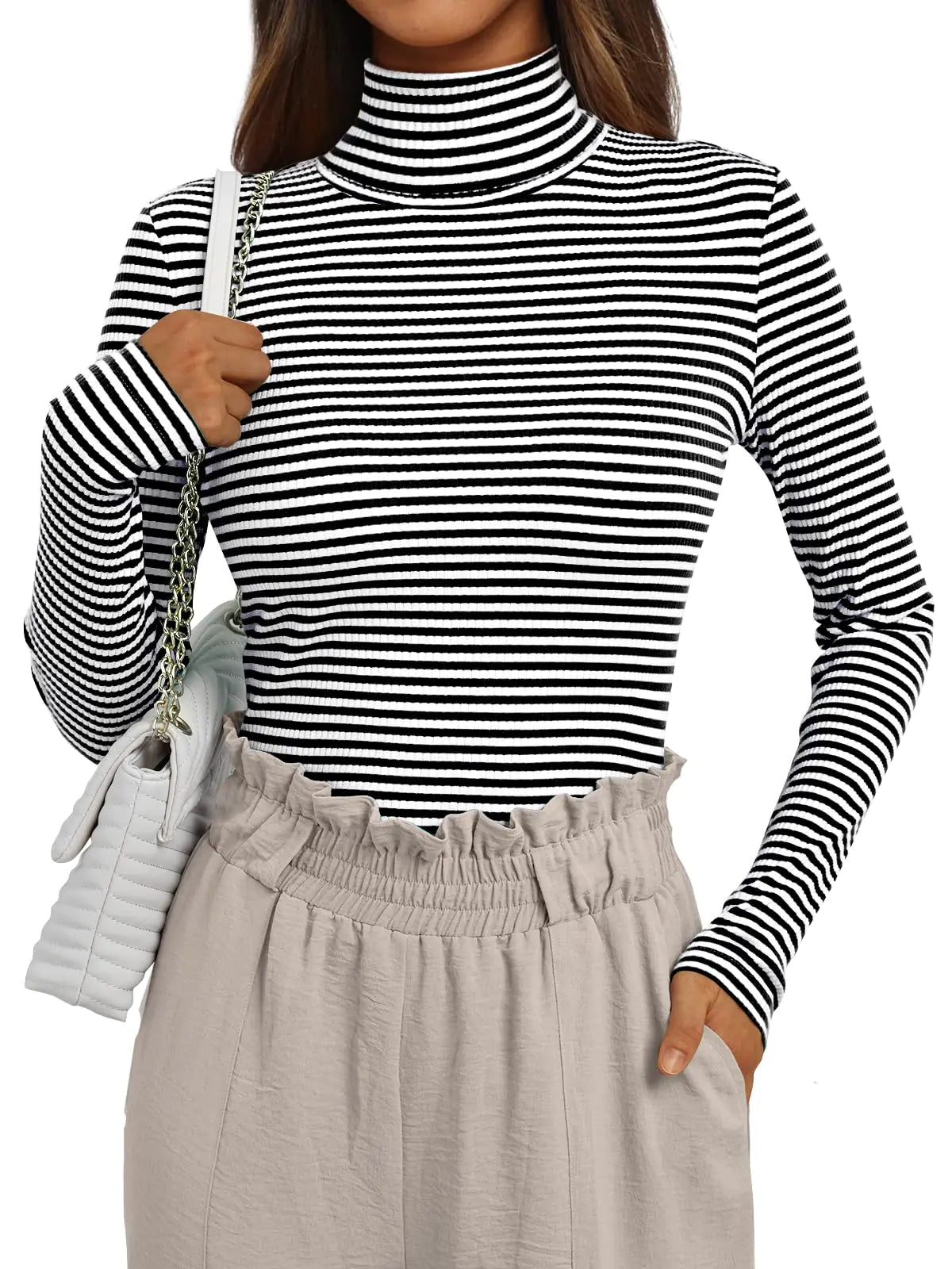 AUTOMET Blusas de manga larga para mujer, cuello alto, rayas, suéteres, estilo Y2K, ropa de moda de otoño 2024, negro