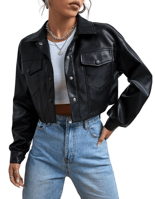 Load image into Gallery viewer, MakeMeChic Womens Faux Leather Crop Jacket Button Down Pocket Cropped Motorcycle Jacket Black S
