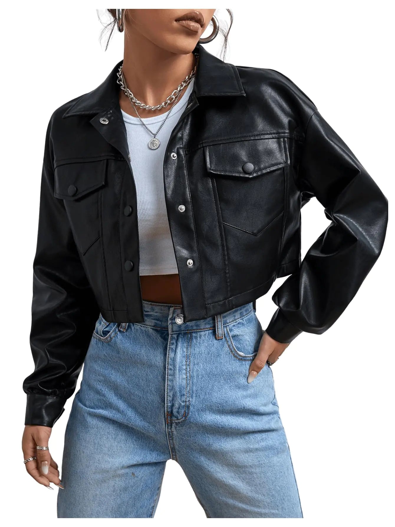 MakeMeChic Womens Faux Leather Crop Jacket Button Down Pocket Cropped Motorcycle Jacket Black S