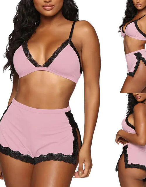 Charger l'image dans la visionneuse de galerie, Ensemble de Lingerie et Vêtements de Nuit en Dentelle à Col V Plongeant pour Femme
