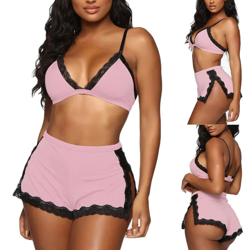 Ensemble de Lingerie et Vêtements de Nuit en Dentelle à Col V Plongeant pour Femme
