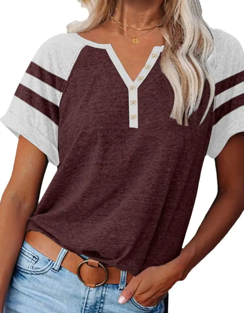 Load image into Gallery viewer, Women Casual Henley Tee Color Block Button Down T-Shirts Raglan Short Sleeves Summer Tee Y2K Tops Red Medium
