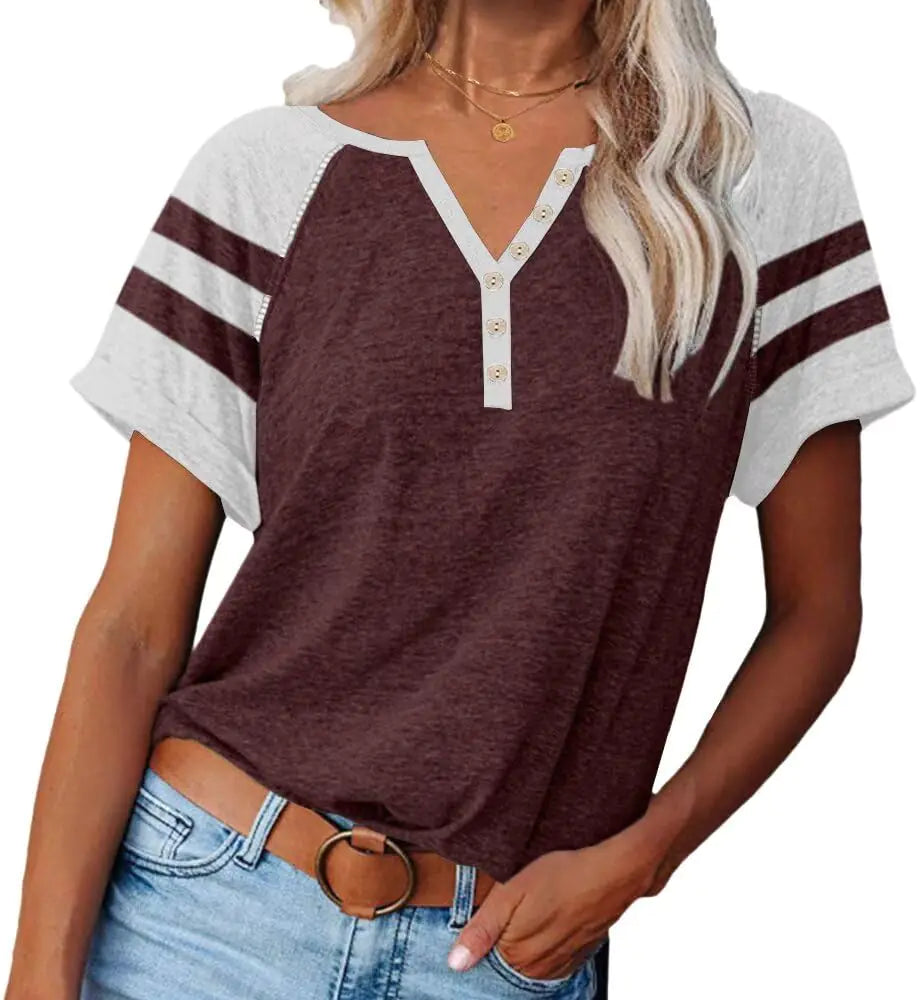 Women Casual Henley Tee Color Block Button Down T-Shirts Raglan Short Sleeves Summer Tee Y2K Tops Red Medium