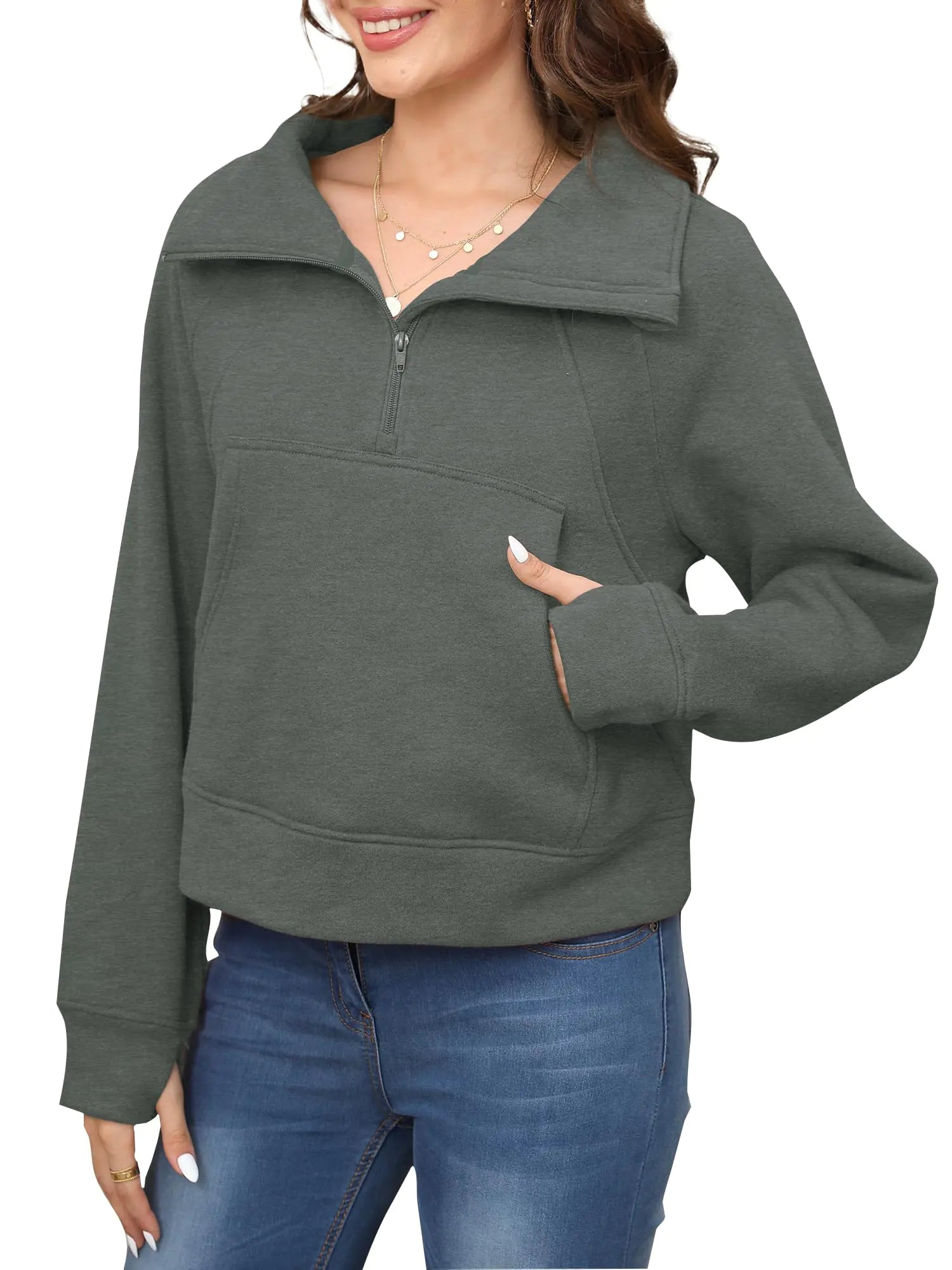 YANGION Oversized Sweatshirt for Women Quarter Zip Pullover Women Thumbhole Sweaters Green S