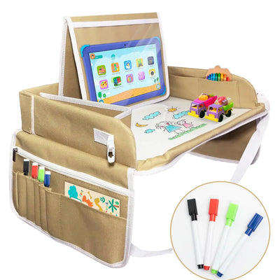 Car Seat Tray with white board Car Accessories for Kids with Tablet Holder Food & Play Activity Roadtrip Essentials for Kids Foldable & Portable Travel Tray for Kids Car Seat (Khaki & White).