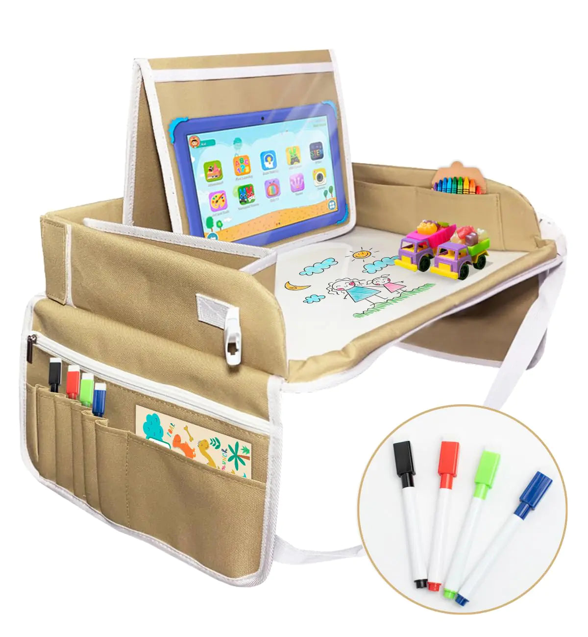 Car Seat Tray with white board Car Accessories for Kids with Tablet Holder Food & Play Activity Roadtrip Essentials for Kids Foldable & Portable Travel Tray for Kids Car Seat (Khaki & White).