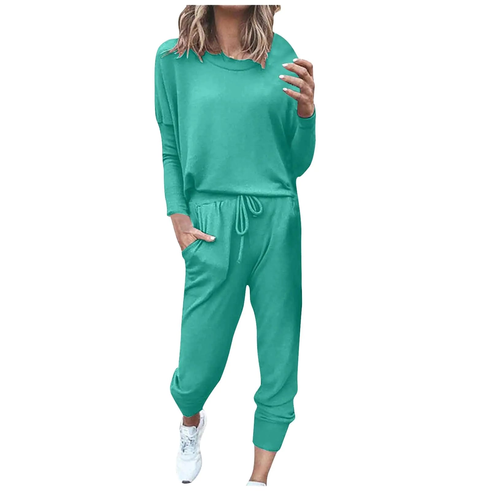 Droeadgor plus size clothes women 2 piece sweatsuit sets clearance deals of the day Fall Sweatsuits Women 2 Piece OutfitLounge Sets Long Pullover Tops & Long Pants Tracksuit Mint Green-3 S