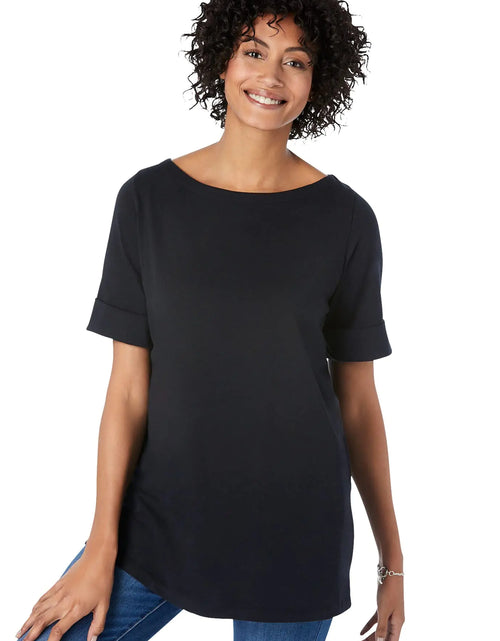 Cargar imagen en el visor de la galería, Camiseta de manga tres cuartos con cuello barco y puños perfectos, talla grande, para mujer de Woman Within - M Negro
