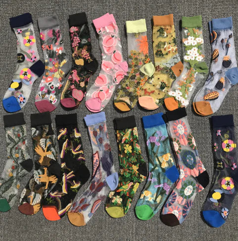 Load image into Gallery viewer, Fashionable Thin Mid Tube Flower Forest Glass Stockings
