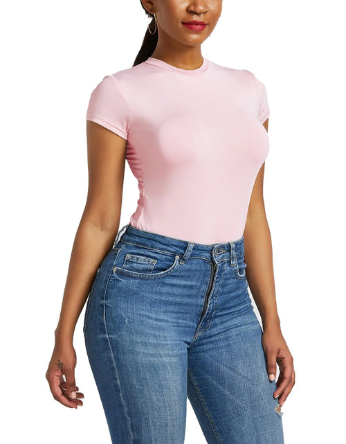 Load image into Gallery viewer, Womens Shapewear Bodysuits Short Sleeve Pink Body Suit Shirts Mock Neck Leotard Shapewear L

