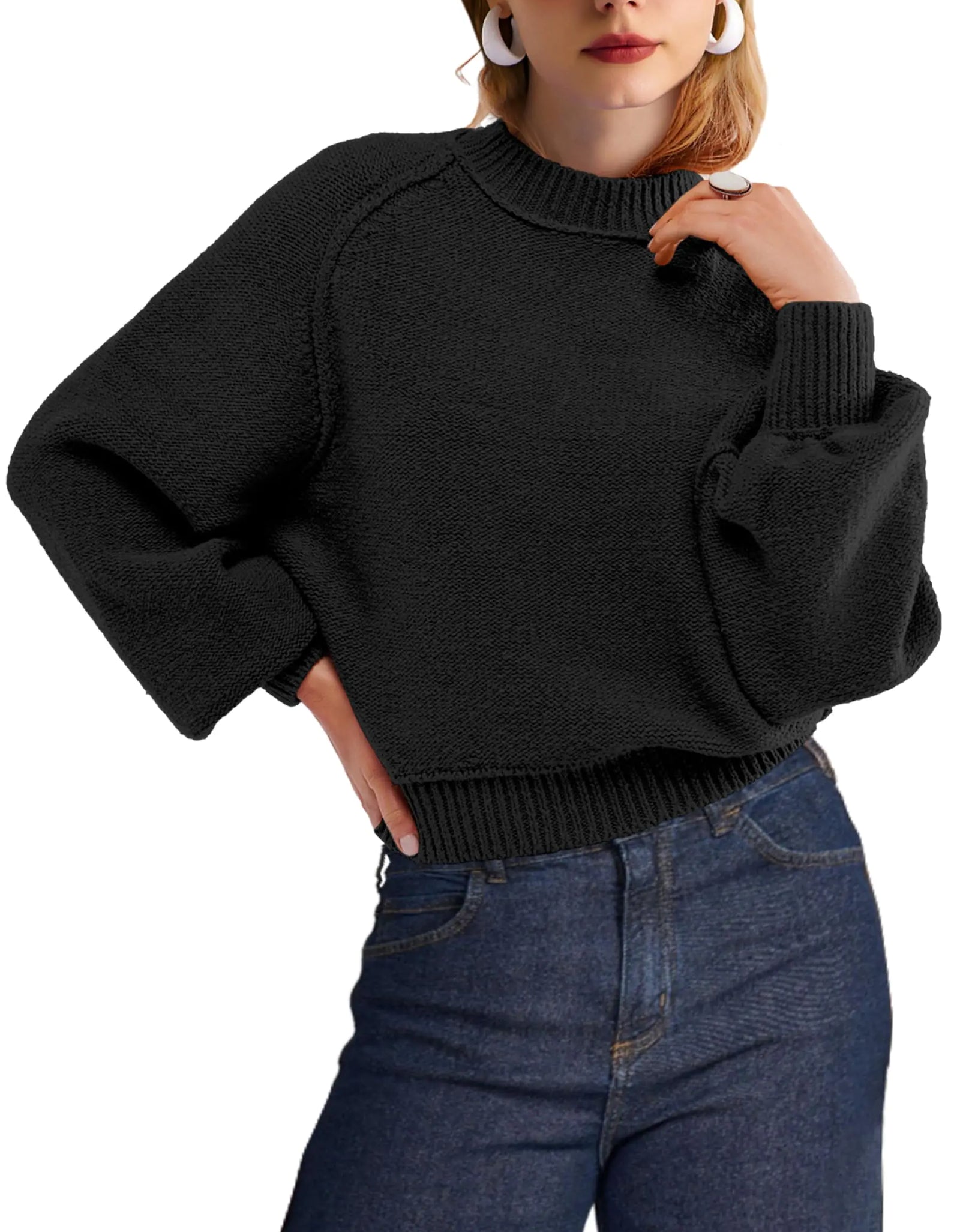 SuperPrity Suéteres para mujer otoño 2024 Cuello alto Manga larga Tejido Suéter corto extragrande Top Outfits de moda-SBlack