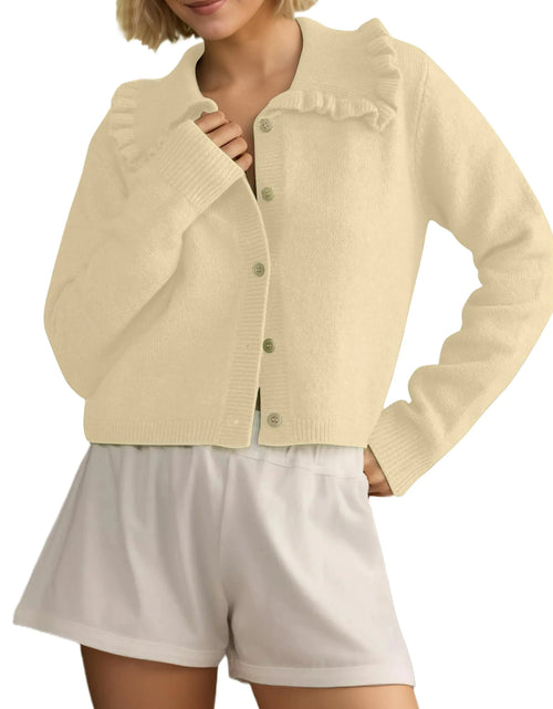 Load image into Gallery viewer, MISSACTIVER Women Ruffle Collar Cropped Cardigan Casual Lapel Button Down Sweaters Long Sleeve Open Front Knit Jacket Apricot
