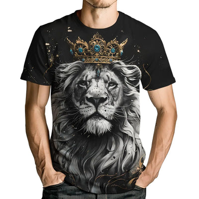 Faiwvhe Mens Casual Lion with Crown Print T-Shirt Fashion Graphic Tee Shirts Short SleeveBlack/K2XL