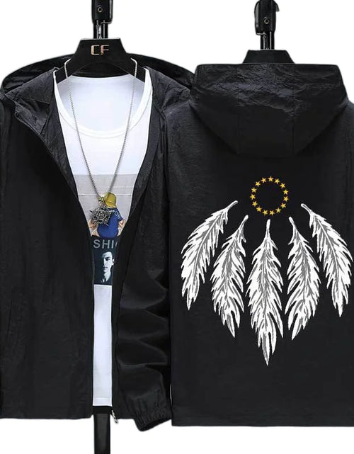 Load image into Gallery viewer, Hooded Jacket with Feather Print Plus Size Jacket
